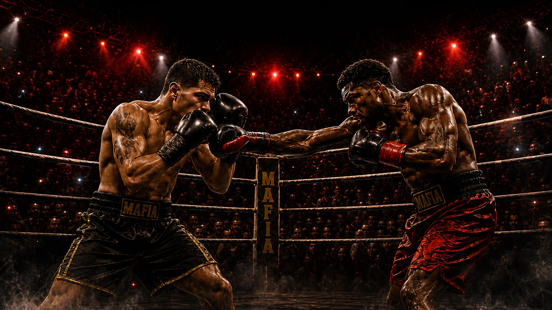 Two boxers trading punches at a Self Made Mafia fight night
